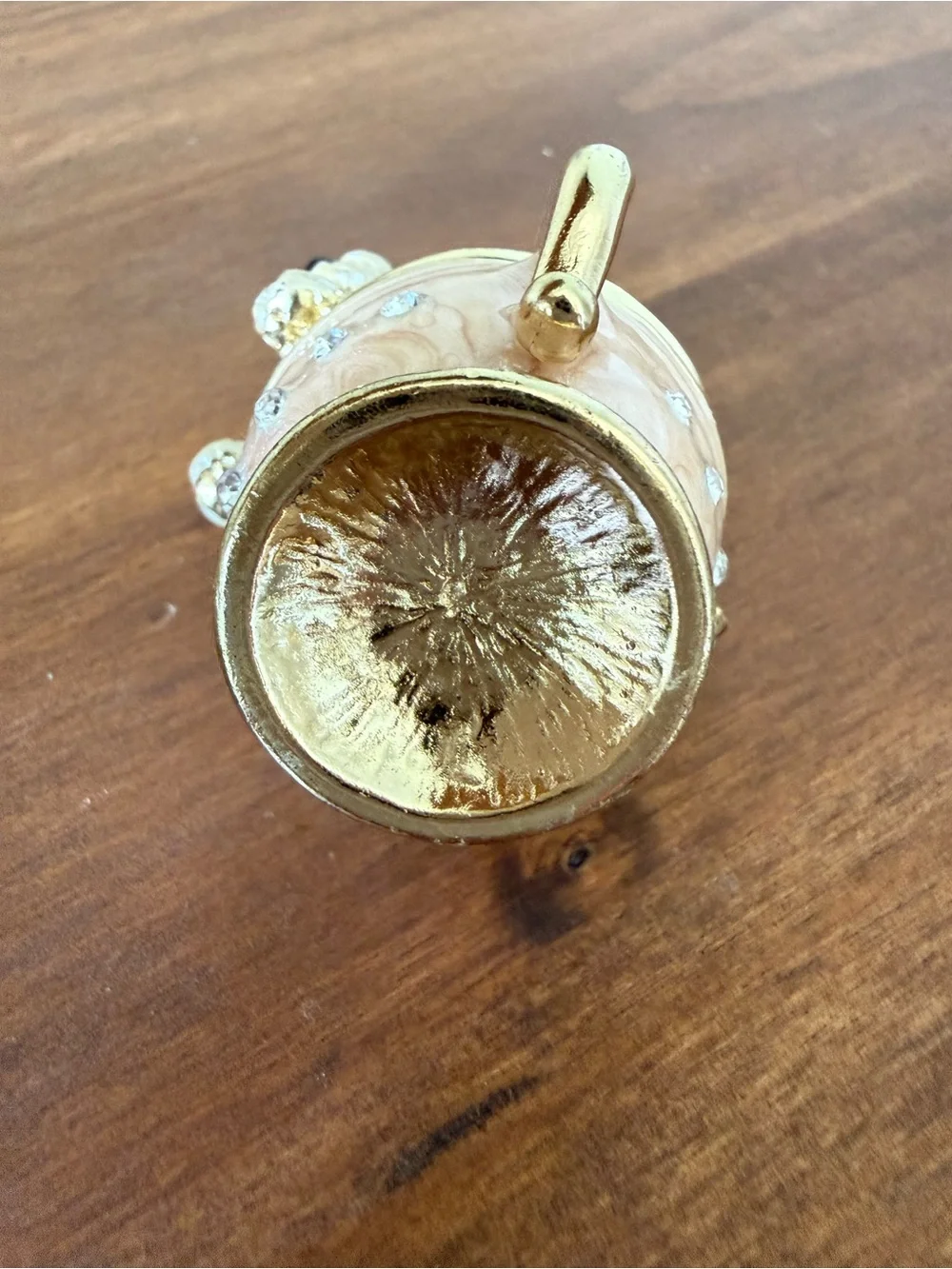 Gold and Cream Puppy on a Teacup Jewelry Trinket Box with Rhinestones Accents
